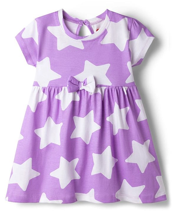 Babyhug Single Jersey Knit Half Sleeves Star Printed Frock with Bow Applique - White & Lilac