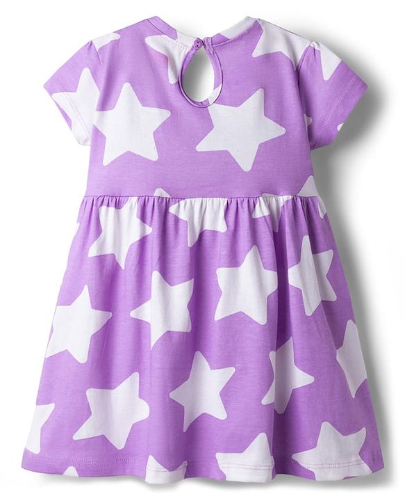 Babyhug Single Jersey Knit Half Sleeves Star Printed Frock with Bow Applique - White & Lilac