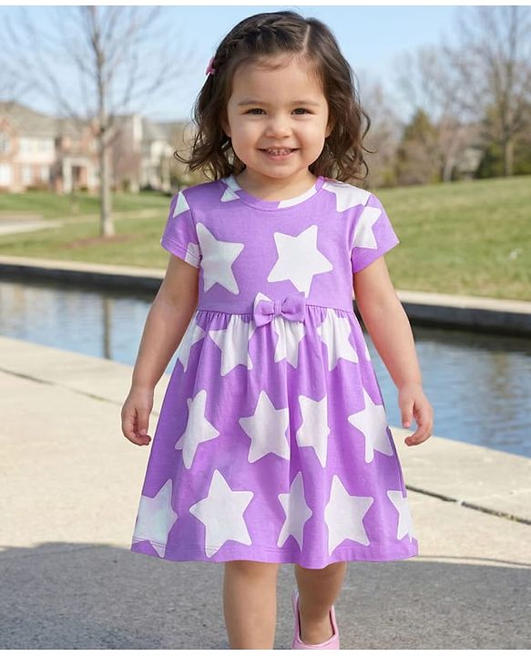 Babyhug Single Jersey Knit Half Sleeves Star Printed Frock with Bow Applique - White & Lilac