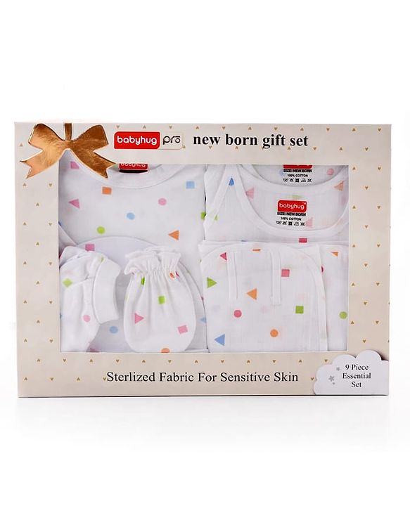 Babyhug 100% Cotton Baby Gift Set Pack of 9 - White