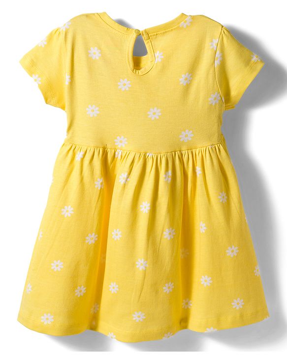 Babyhug Single Jersey Knit Half Sleeves Floral Printed Frock with Bow Applique - Yellow