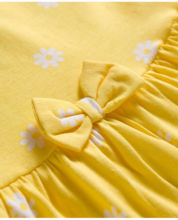 Babyhug Single Jersey Knit Half Sleeves Floral Printed Frock with Bow Applique - Yellow