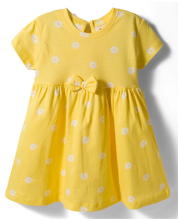 Babyhug Single Jersey Knit Half Sleeves Floral Printed Frock with Bow Applique - Yellow