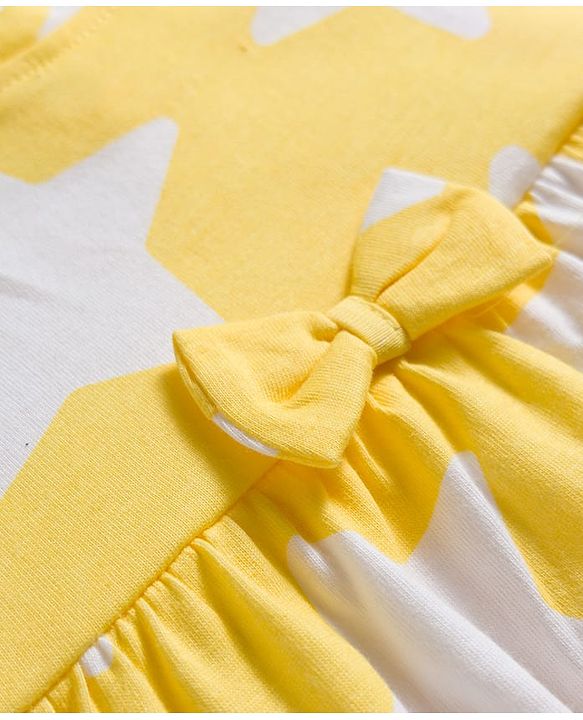 Babyhug Single Jersey Knit Half Sleeves Frock with Star Print & Bow Applique - Multicolour