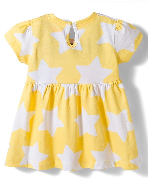 Babyhug Single Jersey Knit Half Sleeves Frock with Star Print & Bow Applique - Multicolour
