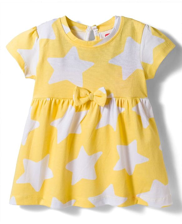 Babyhug Single Jersey Knit Half Sleeves Frock with Star Print & Bow Applique - Multicolour