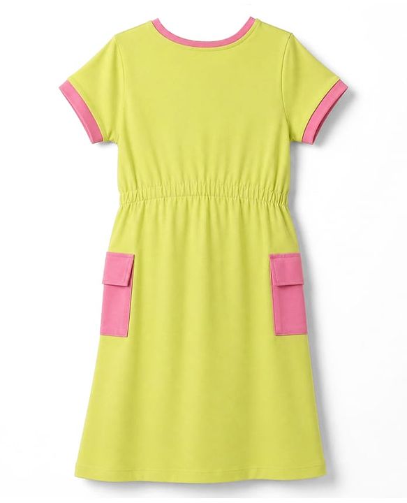 Pine Kids Cotton Knit Dress with Half Sleeves and New York City Text Print - LimeGreen