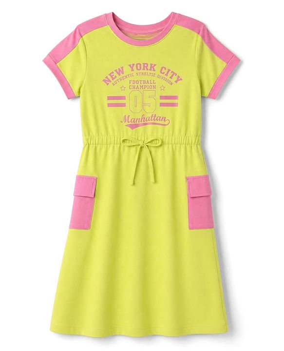 Pine Kids Cotton Knit Dress with Half Sleeves and New York City Text Print - LimeGreen