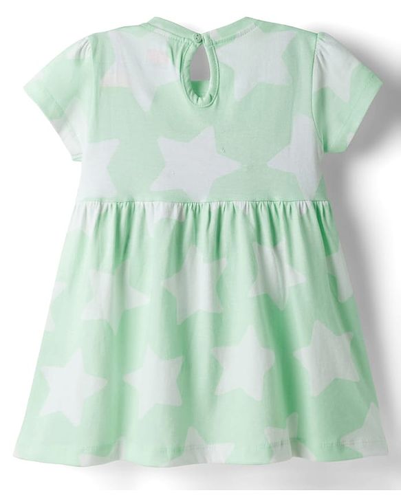 Babyhug Single Jersey Knit Half Sleeves Frock with Bow & Star Print - Sea Green