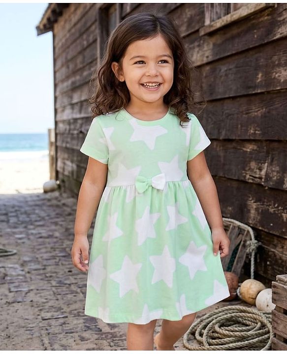 Babyhug Single Jersey Knit Half Sleeves Frock with Bow & Star Print - Sea Green