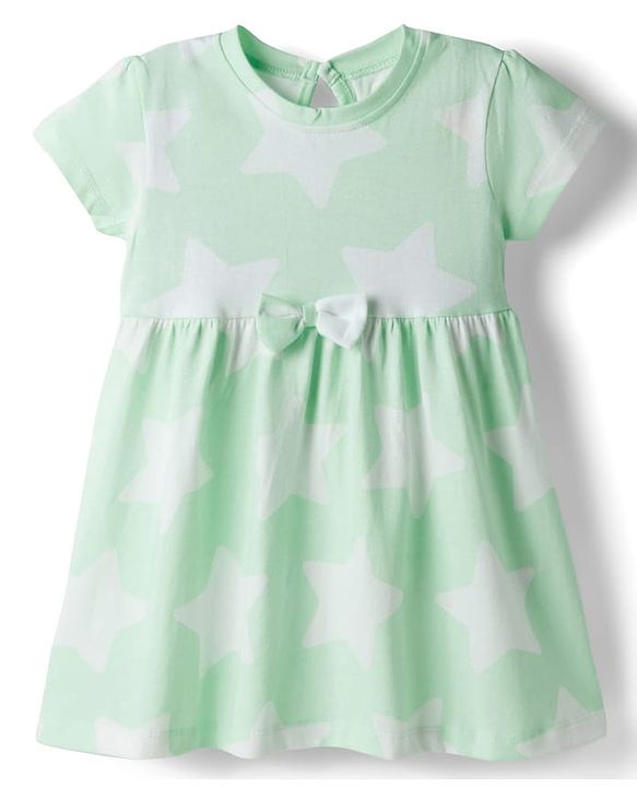 Babyhug Single Jersey Knit Half Sleeves Frock with Bow & Star Print - Sea Green