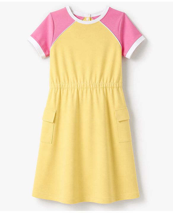 Pine Kids Cotton Knit One Piece Dress with Short Sleeves and Fast Quick Rum Fast Print in Yellow Cream for 4-5 Years
