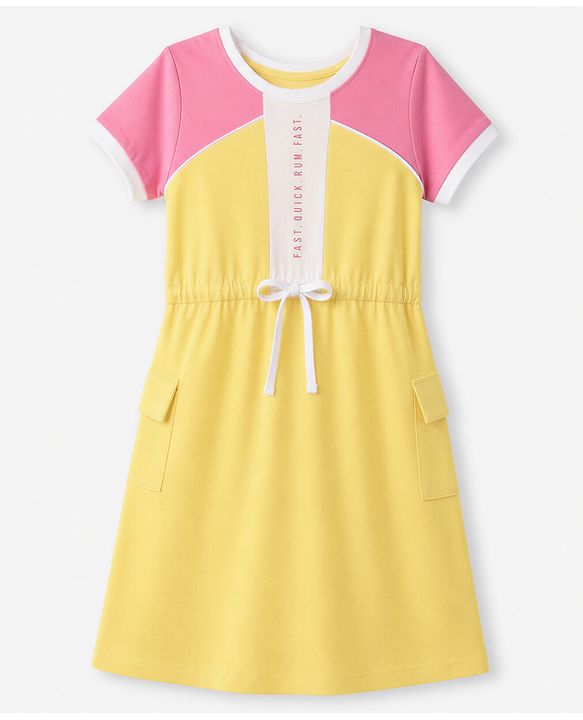 Pine Kids Cotton Knit One Piece Dress with Short Sleeves and Fast Quick Rum Fast Print in Yellow Cream for 4-5 Years