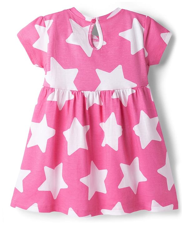 Babyhug Single Jersey Knit Half Sleeves Star Printed Frock with Bow Applique - White & Pink