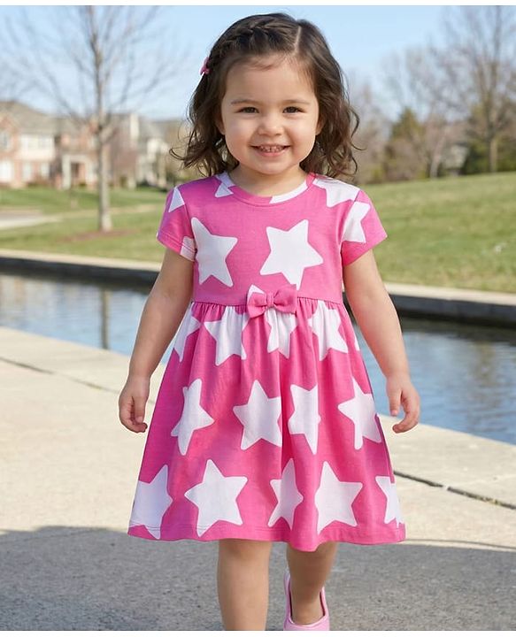 Babyhug Single Jersey Knit Half Sleeves Star Printed Frock with Bow Applique - White & Pink