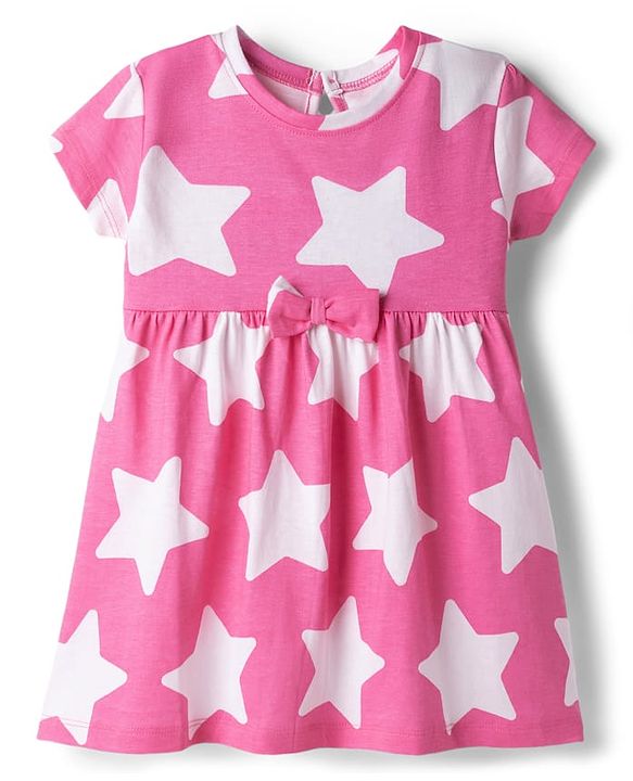 Babyhug Single Jersey Knit Half Sleeves Star Printed Frock with Bow Applique - White & Pink