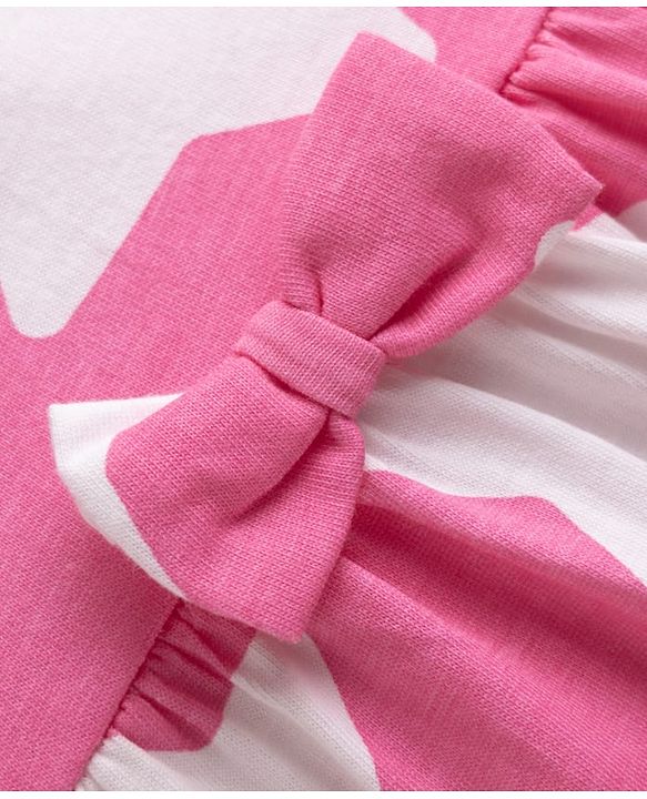 Babyhug Single Jersey Knit Half Sleeves Star Printed Frock with Bow Applique - White & Pink