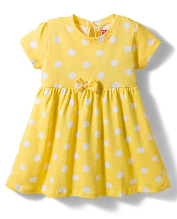 Babyhug Single Jersey Knit Half Sleeves Frock With Polka Dot Print & Bow Applique - Yellow