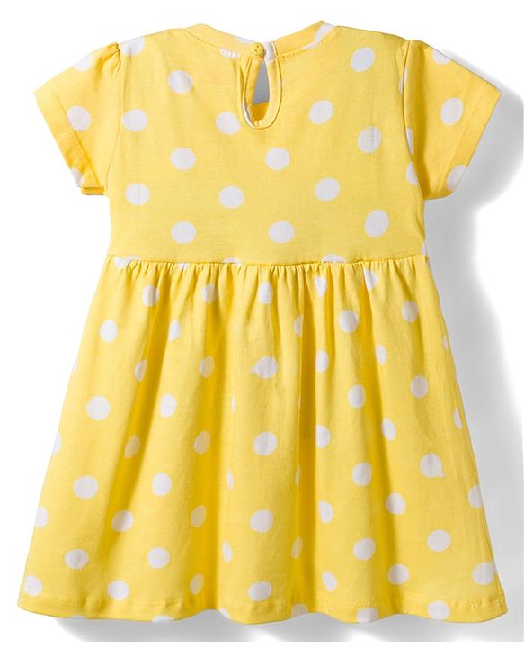 Babyhug Single Jersey Knit Half Sleeves Frock With Polka Dot Print & Bow Applique - Yellow