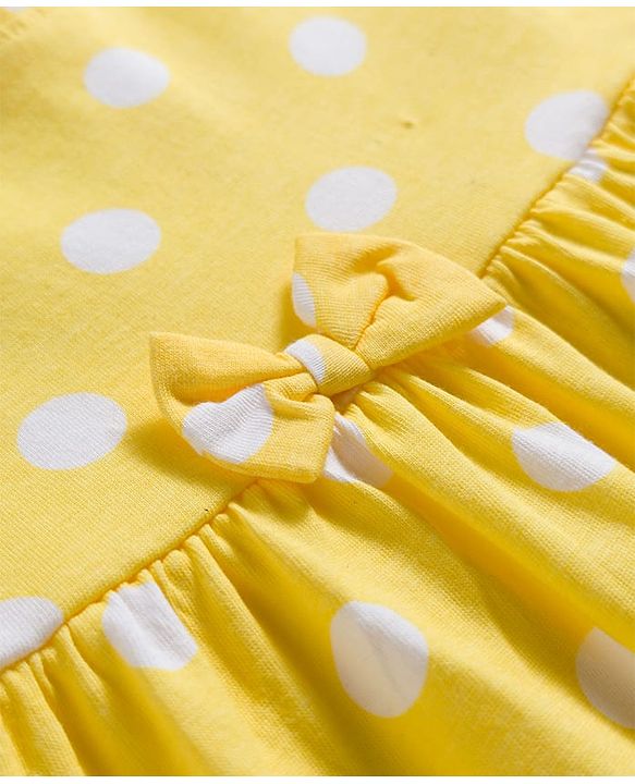 Babyhug Single Jersey Knit Half Sleeves Frock With Polka Dot Print & Bow Applique - Yellow