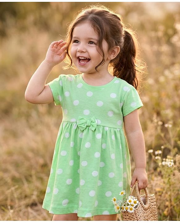 Babyhug Single Jersey Knit Half Sleeves Polka Dots Printed Frock with Bow Applique - Sea Green