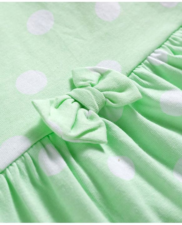Babyhug Single Jersey Knit Half Sleeves Polka Dots Printed Frock with Bow Applique - Sea Green