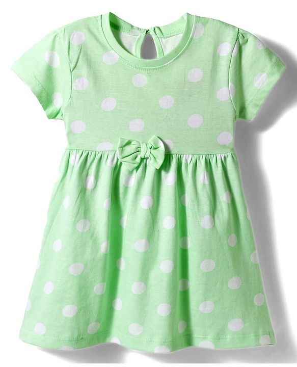 Babyhug Single Jersey Knit Half Sleeves Polka Dots Printed Frock with Bow Applique - Sea Green