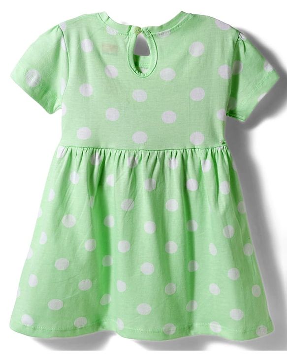 Babyhug Single Jersey Knit Half Sleeves Polka Dots Printed Frock with Bow Applique - Sea Green