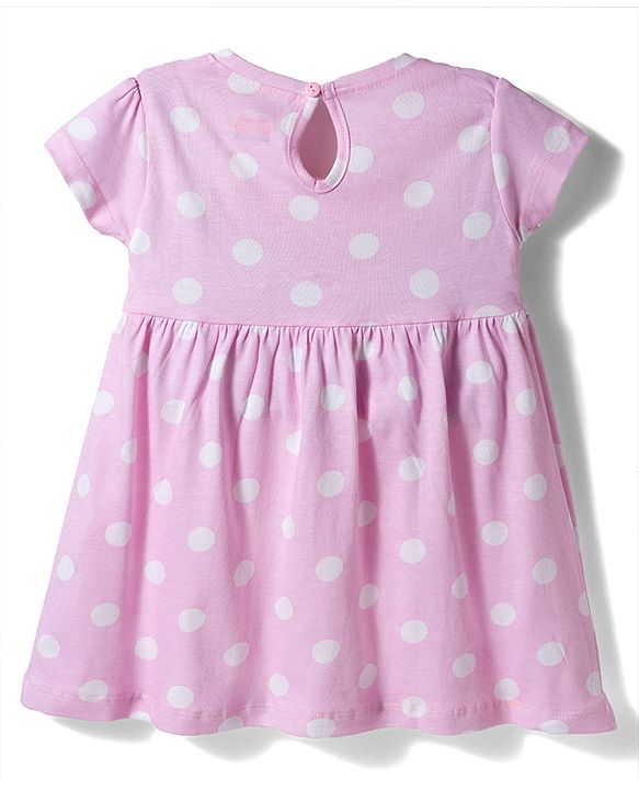 Babyhug 100% Cotton Knit Half Sleeves Polka Dots Printed Frock With Bow Applique - Pink