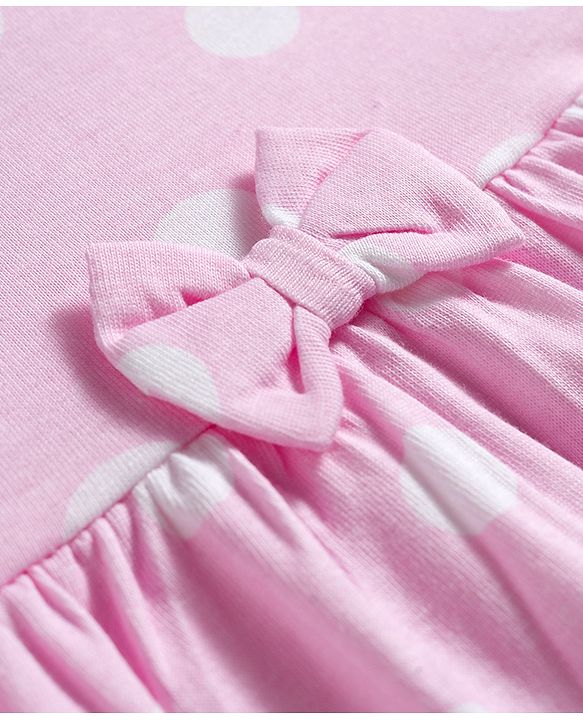 Babyhug 100% Cotton Knit Half Sleeves Polka Dots Printed Frock With Bow Applique - Pink