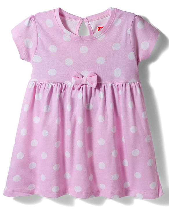 Babyhug 100% Cotton Knit Half Sleeves Polka Dots Printed Frock With Bow Applique - Pink