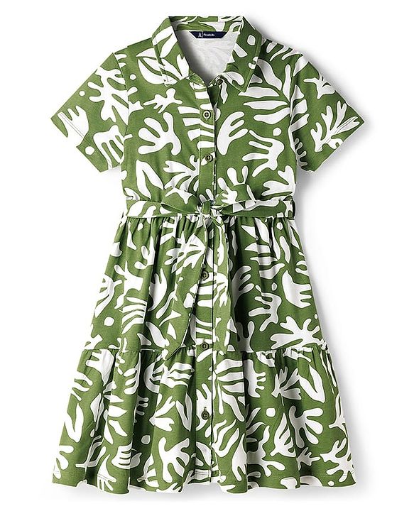 Pine Kids Cotton Knit Half Sleeves Frock With Leaf Print - Multicolor