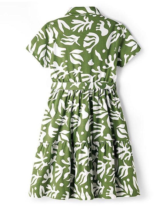 Pine Kids Cotton Knit Half Sleeves Frock With Leaf Print - Multicolor