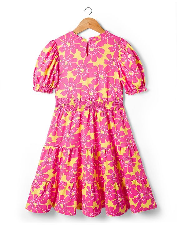 Pine Kids Cotton Knit One Piece Dresses/Frocks with Puff Sleeves, Round Neck, Floral Print Multi Colors 4-5 Years