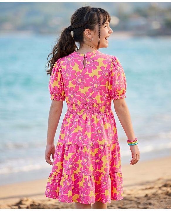 Pine Kids Cotton Knit One Piece Dresses/Frocks with Puff Sleeves, Round Neck, Floral Print Multi Colors 4-5 Years