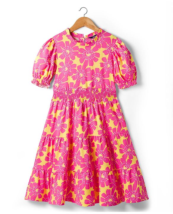 Pine Kids Cotton Knit One Piece Dresses/Frocks with Puff Sleeves, Round Neck, Floral Print Multi Colors 4-5 Years
