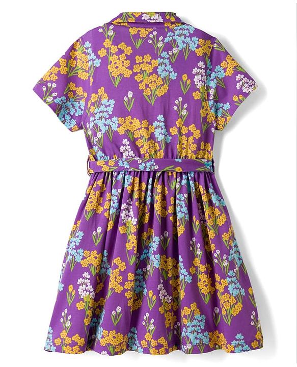 Pine Kids Cotton Knit Half Sleeves Frock with Belt & Floral Print - Multicolor