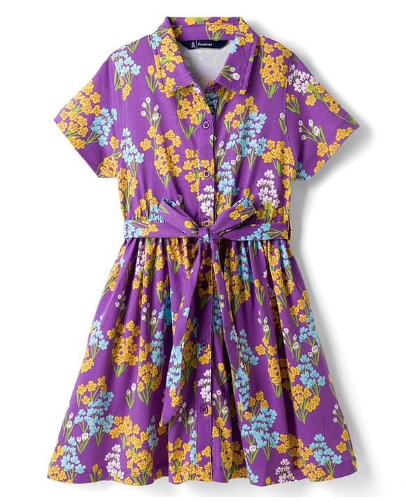 Pine Kids Cotton Knit Half Sleeves Frock with Belt & Floral Print - Multicolor