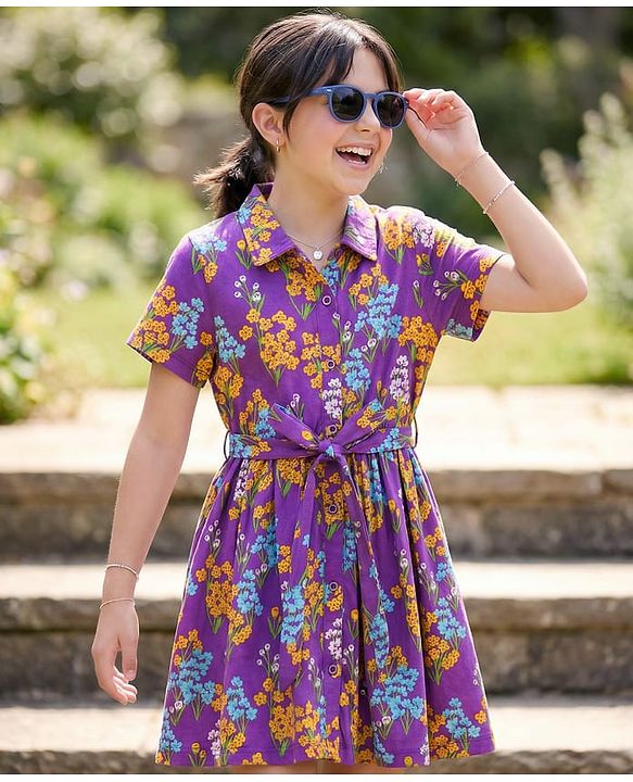 Pine Kids Cotton Knit Half Sleeves Frock with Belt & Floral Print - Multicolor
