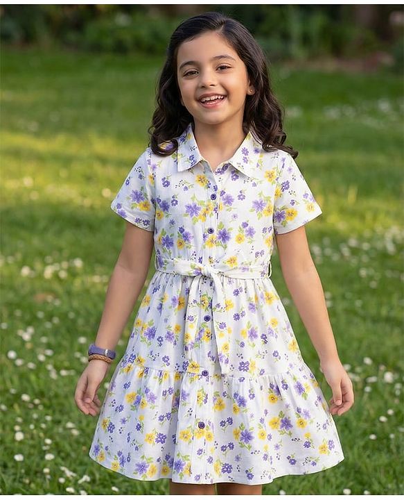 Pine Kids Cotton Knit Half Sleeves Floral Printed Shirt Style Tiered Frock - White