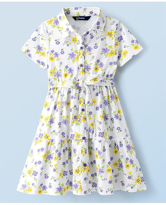 Pine Kids Cotton Knit Half Sleeves Floral Printed Shirt Style Tiered Frock - White