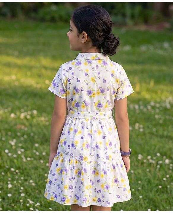 Pine Kids Cotton Knit Half Sleeves Floral Printed Shirt Style Tiered Frock - White