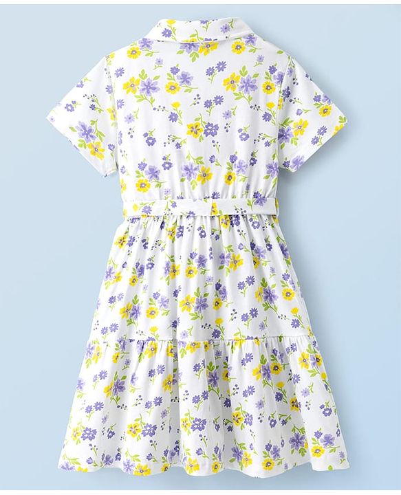 Pine Kids Cotton Knit Half Sleeves Floral Printed Shirt Style Tiered Frock - White