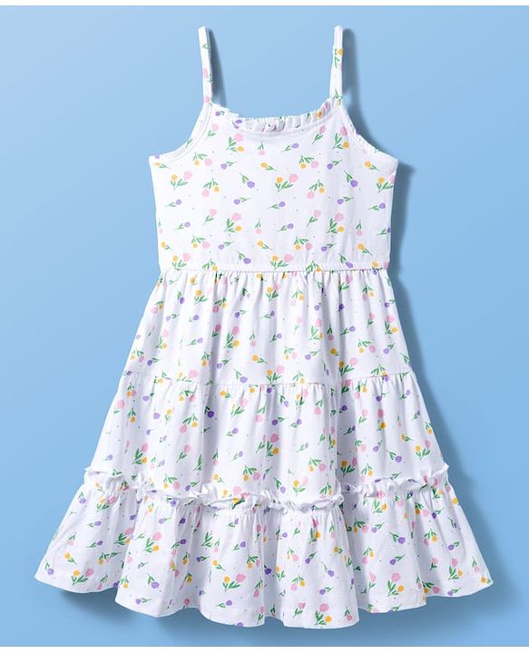 Pine Kids Cotton Knit Sleeveless Floral Printed Tiered Frock - White