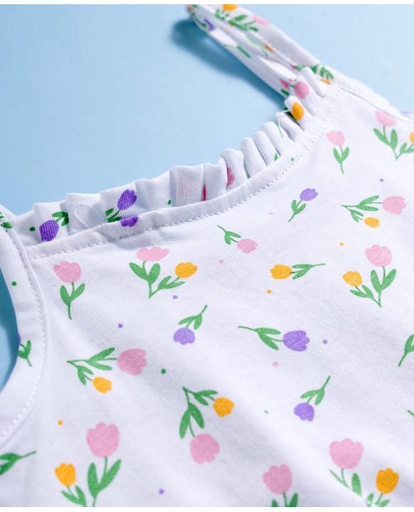 Pine Kids Cotton Knit Sleeveless Floral Printed Tiered Frock - White