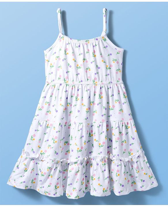 Pine Kids Cotton Knit Sleeveless Floral Printed Tiered Frock - White