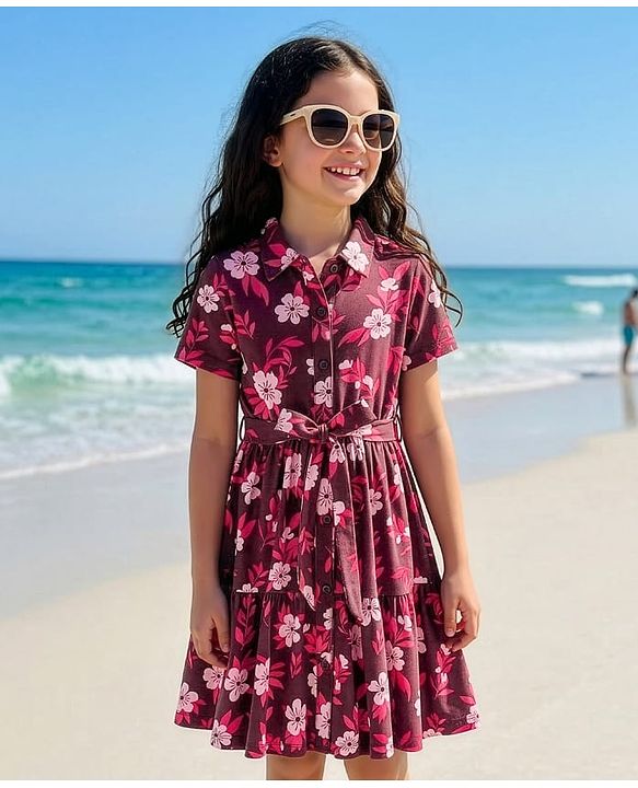 Pine Kids Cotton Knit Half Sleeves Frock With Floral Print - Multicolor