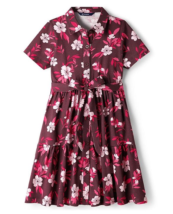 Pine Kids Cotton Knit Half Sleeves Frock With Floral Print - Multicolor