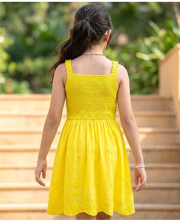 Pine Kids 100% Cotton Woven Sleeveless Frock With Floral Embroidery - Yellow
