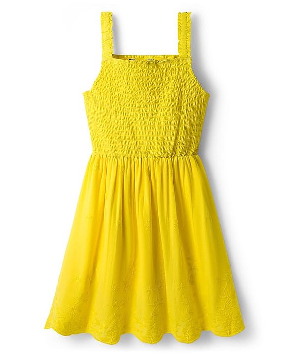 Pine Kids 100% Cotton Woven Sleeveless Frock With Floral Embroidery - Yellow